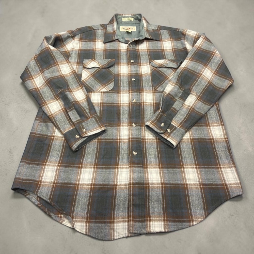 Trails End Flannel Shirt Mens L Blue Brown Plaid Acrylic Long Sleeve Vintage